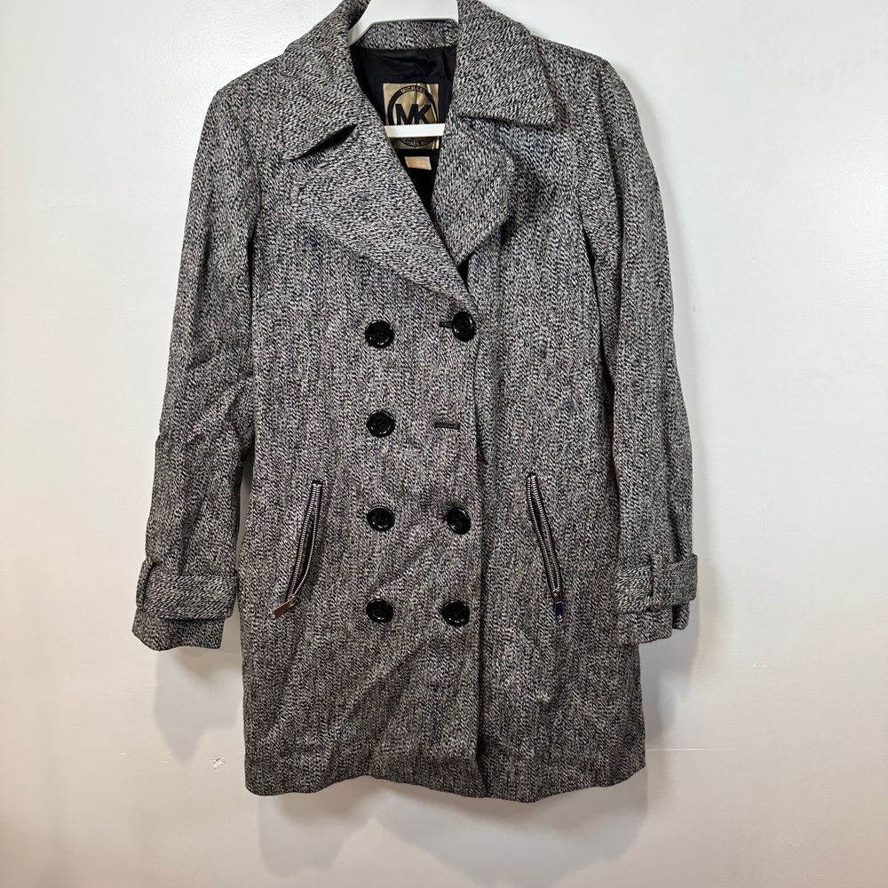 Michael Kors Herringbone Double-Breasted Peacoat Winter Coat Black White Classic